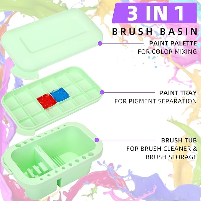 Teenyyou 4 Pcs Paint Brush Cleaner 3 in 1 Multifunction Paint Brush Basin Holder and Organizer with Brushes Holder Washer Trays Palette for Acrylic Watercolor Oil Painting