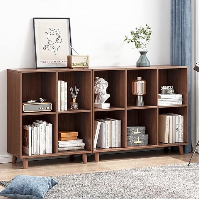 IOTXY Freestanding Open Cubes Bookcase - 2-Tier Floor Standing Wooden Storage Display Cabinet Organizer with Legs for Home Office, 4-Cubes Open Shelf Low Short Bookshelf, Walnut