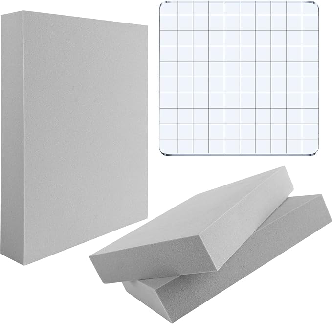 3 Pcs/Set 2Pcs Large Stamping Foam Grey Moldable Foam with 1 Pcs Acrylic Stamp Block Stamps Plastic Pad Cut and Dry Foam Stamping Foam Block for Sculpture, Modeling, DIY Arts and Handicrafts Projects