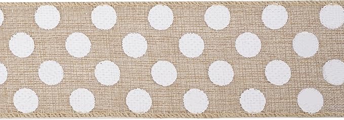MEEDEE Burlap Ribbon with White Polka Dots - 2.5 Inch Natural Linen Wire Edge Craft Ribbon for Baby Shower, Beach, Farmhouse Gift Basket, 10 Yards
