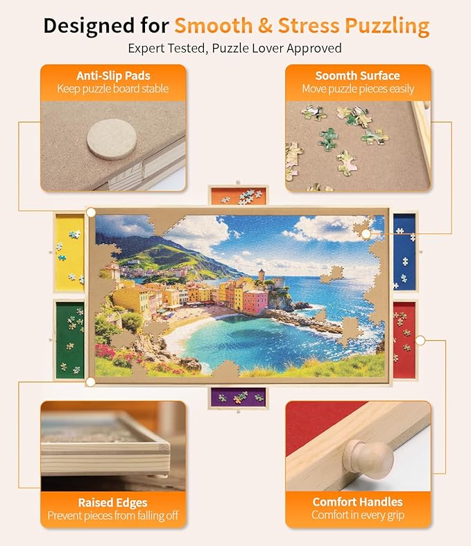 1500 Piece Rotating Puzzle Board Pro, 34" x 25" with 6 Drawers, Rubber Cover Mat, 360° Lasy Susan, Sort-Wise Colorful Felt Drawers & 4 Trays, Wooden Jigsaw Puzzle Table, Birthday Gifts for Mom
