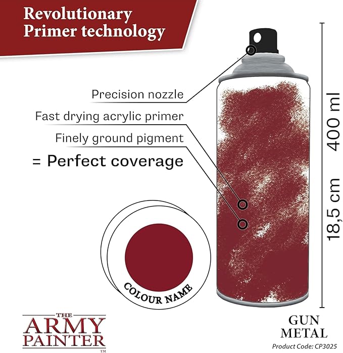 The Army Painter Colour Primer Gun Metal, 400 mL Acrylic Spray Primer, Spray Paint Basecoat for Miniature Priming, Tabletop Roleplaying, Boardgames, and Wargames Miniature Modelling