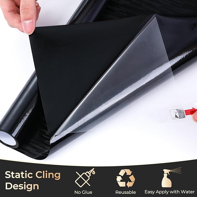 rabbitgoo Blackout Window Film, Sun Blocking Privacy Film for Room Darkening, Removable Black Out Vinyl Cover Tint for Home Day Sleep, Anti-UV Frosted Glass Clings, Black, 35.4 x 157.4 Inches