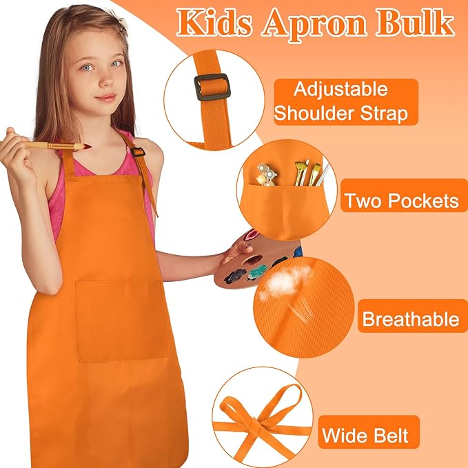 36 Pack Kids Apron bulk with 2 Pockets Adjustable Chef Art Apron Kids Painting Aprons for Cooking Baking Painting Crafting Grilling Activity（12 Color）