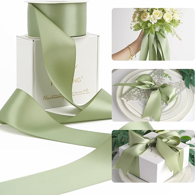 HUIHUANG Sage Green Satin Ribbon - 25 Yards/Roll for Flower Bouquets, Wedding Invitations, Gift Wrapping, Holiday Decor, Hair Bows
