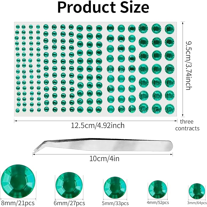 Self Adhesive Face Gems and Pearls for Makeup, Festival Jewels, Hair Gems Pearls, 3/4/5/6/8 mm Round Rhinestone Stickers for Face, Eye, Makeup, Body, Crafts 591Pcs (20_Dark Green)