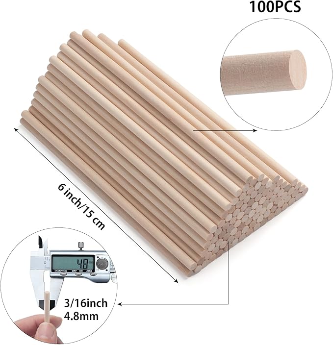 Wooden Dowels Wooden Sticks for Craft 3/16" x 6", 100 PCS Wood Dowel Rods, Wood Sticks for Crafting, Macrame Dowels, Unfinished Round Hardwood Stick for Tiered Cake Support and Wedding Ribbon Wands