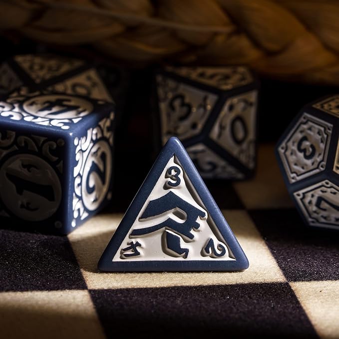 7-Die DND Dice Set New Pattern Polyhedral Dice Set with Leather Bag D&D Die for RPG Table Games(Blue White)