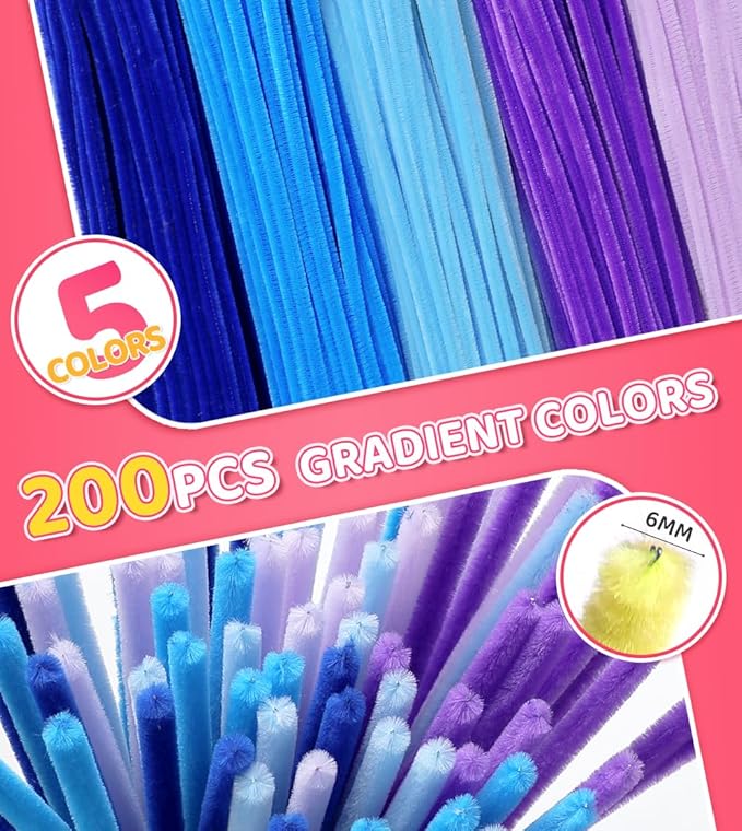 IOOLEEM Blue Pipe Cleaners,200pcs in 5 Colors, Chenille Stems for Art and Craft Projects, Flower DIY Decorations