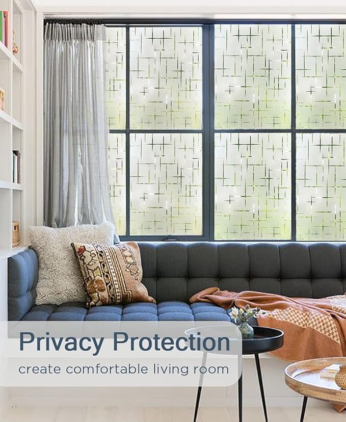 NINETREX Frosted Window Privacy Film,Window Cling Privacy Film, Decorative Glass Static Cling Non-Adhesive Vinyl Removable for Home Office Cross Pattern,17.5 x 78.7Inches