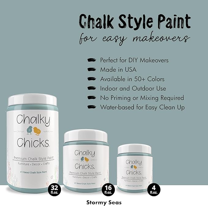 Chalky Chicks All-in-One Chalk Paint for Furniture or Cabinet - 16Fl Oz- Matte Finish Stormy Seas (Light Blue) for Metal, Wood Furniture Paint - No Sanding All-in-One for Home Decor & Crafts, USA Made