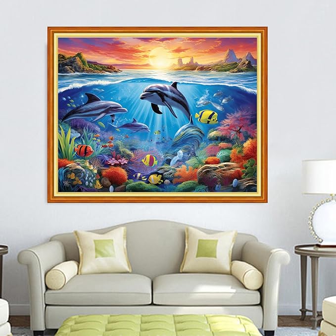 DMCVIVR Stamped Cross Stitch Kits for Adults Beginners Embroidery Kits 11CT Needlepoint Kits Cross Stitch Patterns Embroidery Patterns- Dolphin Underwater World 16x20 inch
