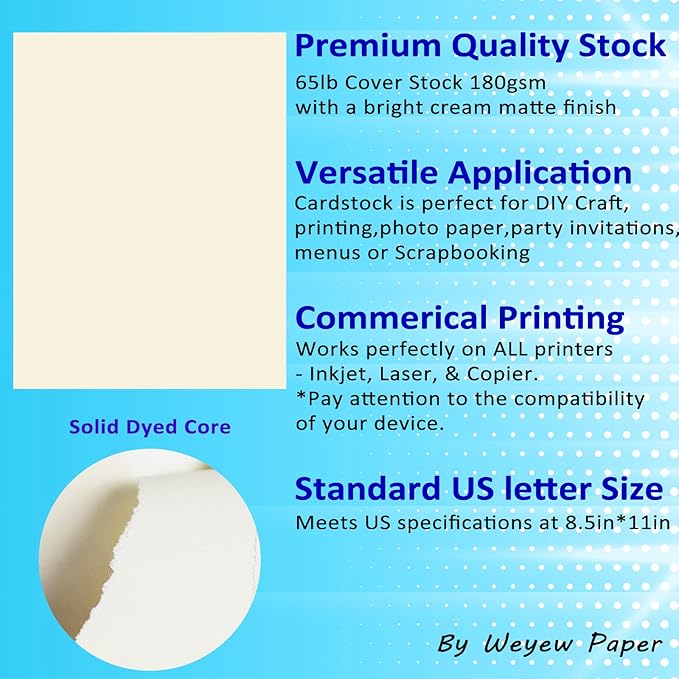 100 Sheets 65lb Cream Cardstock, 8.5" x 11", Premium Card Stock Blank Invitation Paper Greeting Cards Printable DIY Craft Card Making, 65LB Cover 180 GSM