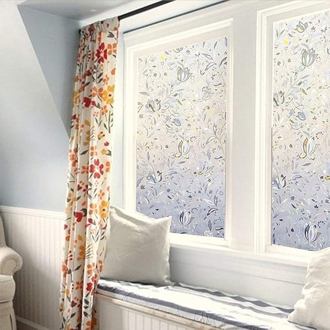 LEMON CLOUD Window Film, Decorative Window Privacy Film, 3D Stained Glass Window Sticker,Anti-UV Sun Blocker Heat Control for Home(Rainbow Tulip Design,45.2 x 157.4 inches)