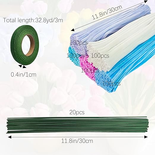 Jolbndcv Pipe Cleaners Flowers Craft Kit,521Pcs Pastel Pipe Cleaners DIY Chenille Stems Makiflower stemsng kit with Flower Stems and Tape