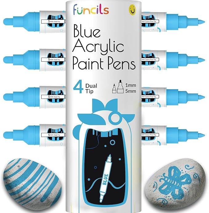 4 Dual Tip Blue Paint Pen Metallic - Fine Tip & Medium Acrylic Markers - Blue Paint Marker for Metal, Wood, Rock Painting, Canvas, Ceramic, Glass, Fabric, Leaf and Plastic - Water-based Ink