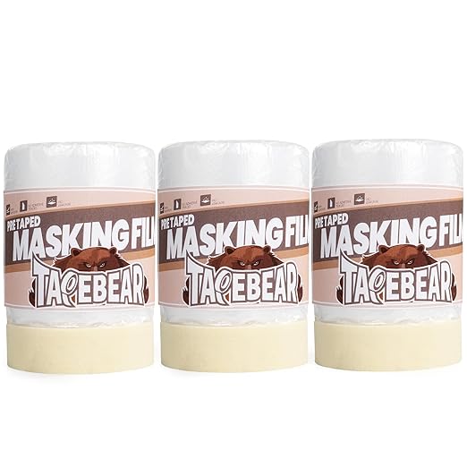 TAPEBEAR Pre-Taped Masking Film 22inch x 30yard(550mmx 27m), Plastic Cover for Painting, Tape and Drape, Plastic Sheeting for Automotive, Floor, Appliance and Furniture, 3Rolls