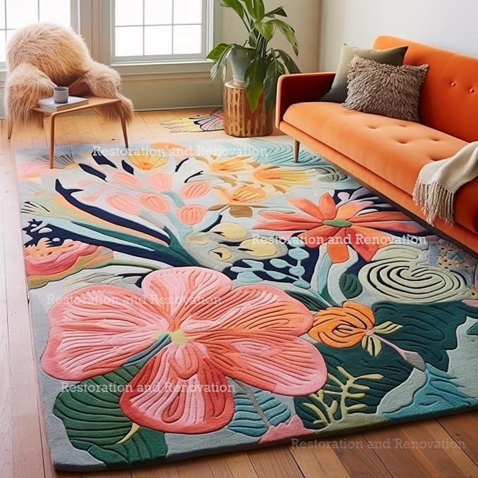 Handmade Wool Floral Area Rug for Living Room | Elegant Flower Garden Design, Soft, Thick and Durable | Bedroom, Dining Room & Home Decor Carpet (8' Round, Floral D)