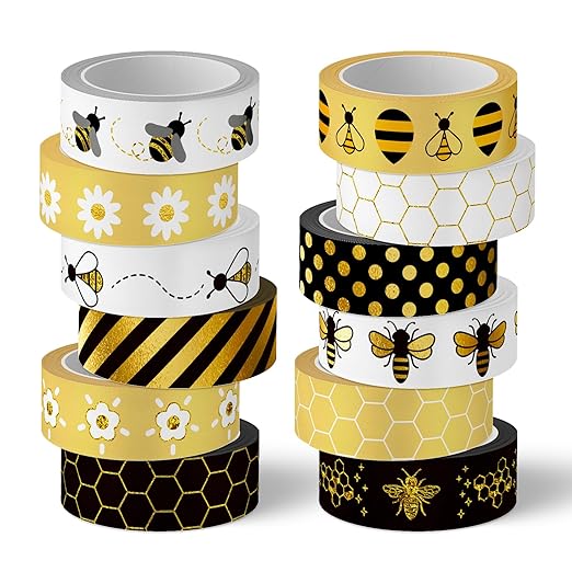 Whaline 12 Rolls Bee Washi Tape Foil Gold Honey Bee Washi Masking Tape 15mm Wide Bumblebee Honeycomb Daisy Print Decorative Adhesive Masking Tape for Scrapbook Gift Wrapping DIY Art Crafts