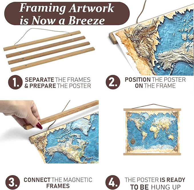 DACRI HOME 54" Magnetic Poster Hanger Frame - Sturdy Teak Wood Poster Frame, Strong Magnets for Easy Hanging Map Picture Print Scroll Wall Art 54x30 54x36 54x38 (54 Inch, Natural Wood)