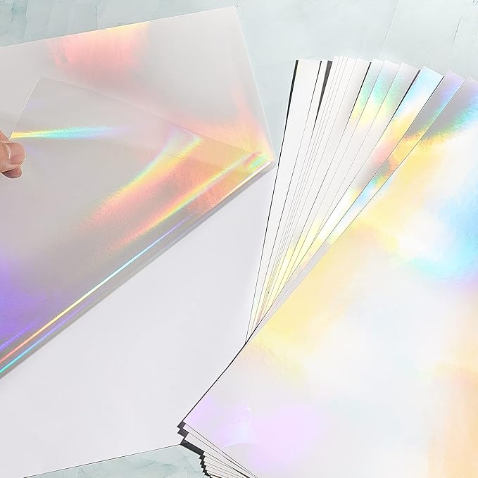 36 Sheets Holographic Sticker Paper Clear A4 Vinyl Sticker Paper Self Adhesive Waterproof Transparent Film Gem Rainbow Star Patterns, 11.7 x 8.3 Inch (Colorful)