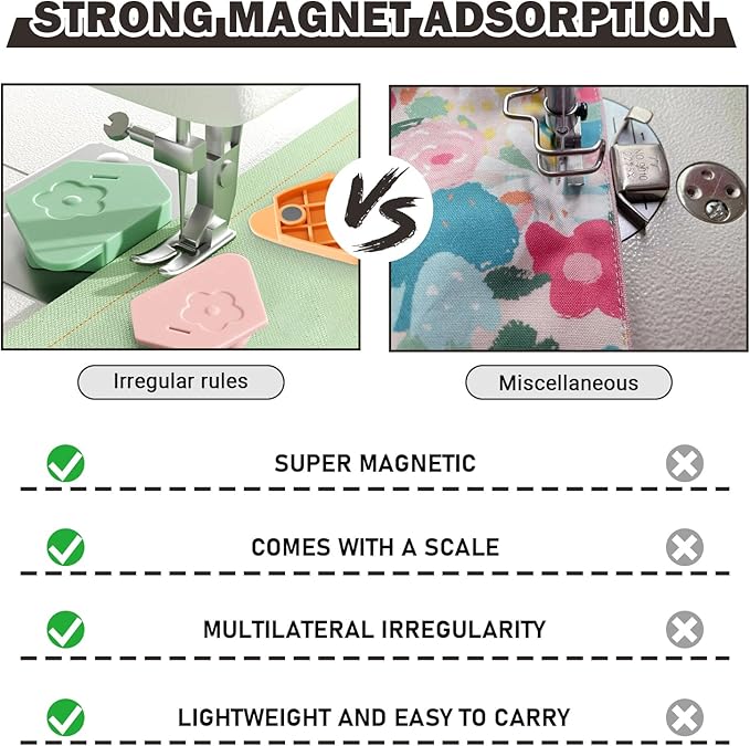 Wshxjzyay 3 Pack Magnetic Seam Guide for Sewing Machine, Upgraded Multifunctional Polygonal Hemmer Guide with Scale, Universal Sewing Accessory for Magnet Making Machine (3 Colors)