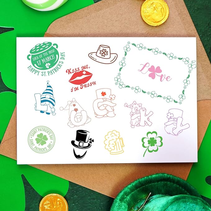 Whaline 5 Sheet St. Patrick's Day Clear Stamps Wreath Shamrock Lucky Words Silicone Transparent Stamps Border Stamp Cards for Irish DIY Crafts Card Making Scrapbooking Embossing Album Decor