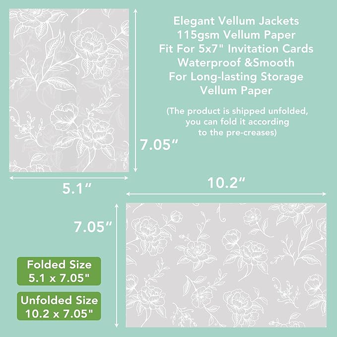 SWANGSA 100 Pack Vellum Jackets for 5x7 Invitations, Elegant White Rose Vellum Paper, 115GSM Translucent Invitation Sleeve Wraps for Wedding Bridal Baby Shower Birthday Envelopes