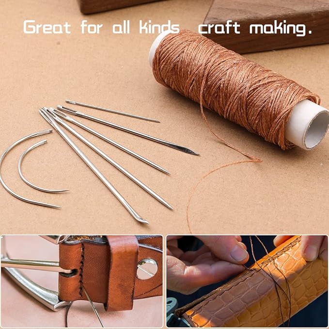 Ftyiwu Waxed Thread, Upholstery Needle and Thread 32 Yards with 7PCS Hand Sewing Needles for Home Upholstery Carpet Canvas Repair Leather Sewing (Dark Khaki)