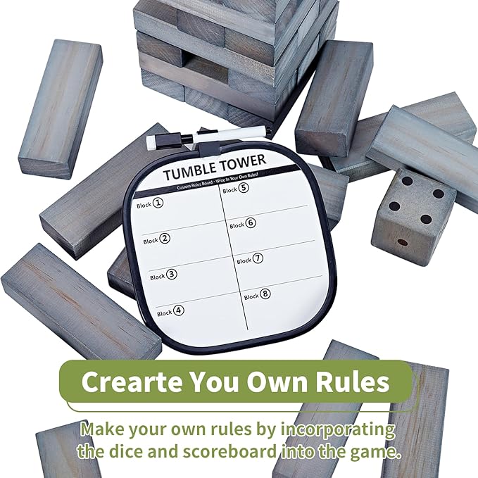 ApudArmis 54 PCS Tumble Timber Set Up to 3.2FT, Pine Wooden Tumble Tower Game with Dice and Scoreboard Set - Classic Block Stacking Board Game for Adults Teenagers (Gray)