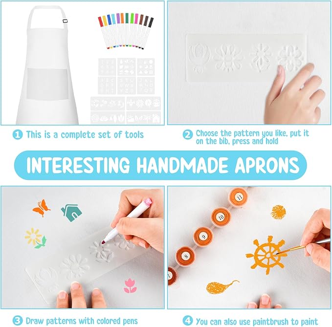 Morcheiong 6/12/24 Pack Adjustable Kid Apron Children Apron with Colored Pen and Craft Template Children Painting Apron-White