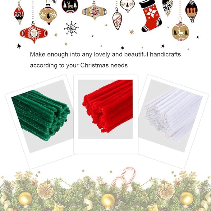 Caydo 300 Pieces 12 inch Christmas Pipe Cleaners for Christmas DIY, Creative Crafts Decorations (Red, Green, White)