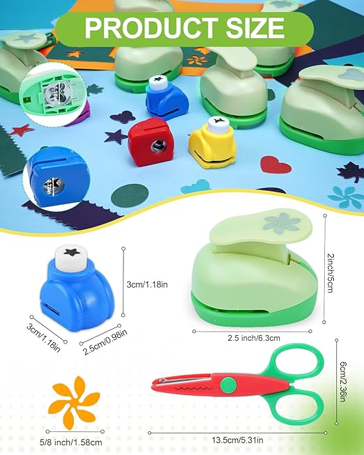 UCEC Paper Punches for Crafting, 3 Pcs Craft Scissors Decorative Edge, 6 Pcs 1 Inch Paper Puncher, 4 Pcs 3/8 inch Hole Punch, Circle Heart Star Shapes Puncher Scissors Sets