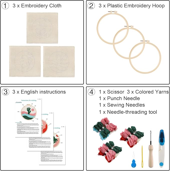 Anidaroel 3 Sets Punch Needle Kits - Beginner Adults Kit with Fabric, Hoops, Yarns and Sewing Needles