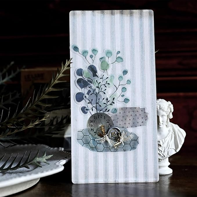 Vintage Vellum Stickers Floral Plants Elements Scrapbooking Supplies Flowers Botanic Natural Translucent Paper Self-Adhesive Junk-Journal Items (Eucalyptus)