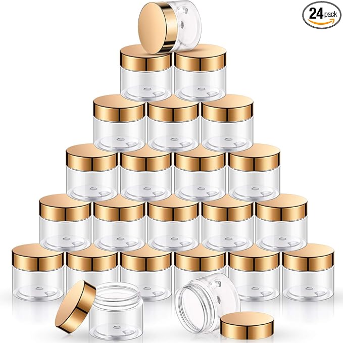 SATINIOR 24 Pieces Empty Clear Plastic Jars with Lids Round Storage Containers Wide-Mouth for Beauty Product Cosmetic Cream Lotion Liquid Butter Craft and Food (Gold Lid, 2 oz)