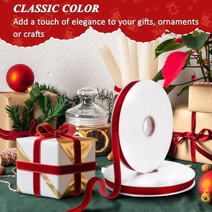 Red Velvet Ribbon, 0.39 Inch x 20 Yards Single Faced Red Ribbon for Gift Wrapping, Bow Making, Christmas Tree Decorations, Wreath Making and DIY Crafts (10 Yards Each Roll)