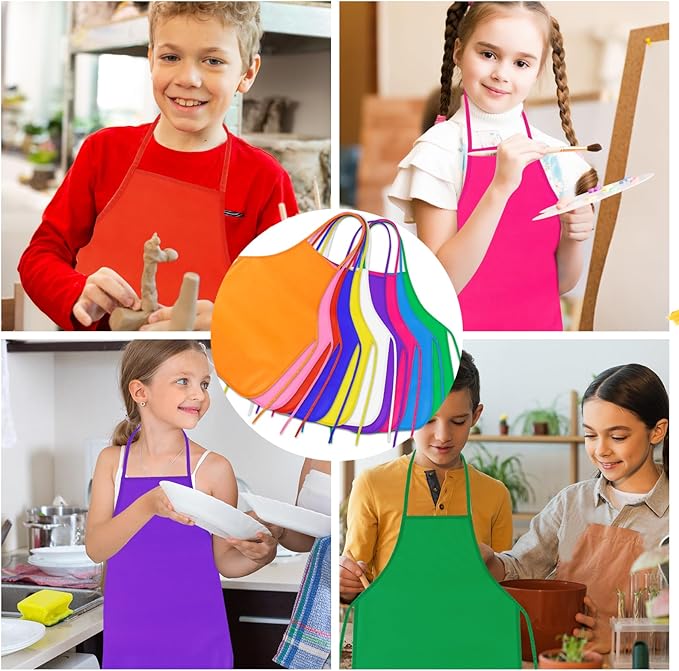 PLULON 4 Pcs Kids Apron Painting Aprons, Kids Aprons for Painting Art Apron Smocks Bulk for Art Activity Craft Home Kitchen Classroom Party Supplies (Red, Blue, Rose Red, White)