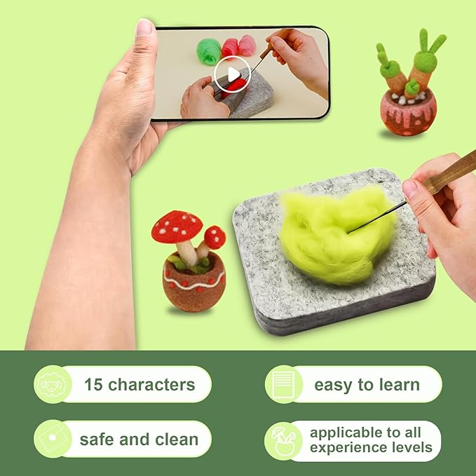 Jevuoyee 15pcs Succulent Needle Felting Kit for Beginners Adult - DIY Starter Kit with Wool Roving, Felting Mat, Needles, Instructions for Home Decoration Crafts