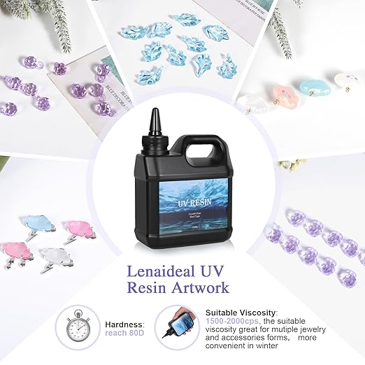 Lenaideal1000g UV Resin-Upgrade Ultraviolet Epoxy Resin Crystal Clear,High Gloss Hard Type with Fast Curing and Low Odor for Jewelry Making and Coating