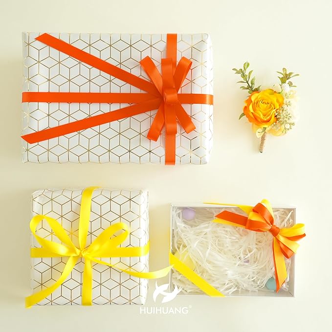 HUIHUANG Yellow Ribbon 1/2 inch Continuous 50 Yards Double-Faced Satin Ribbon for Gift Wrapping, Bows, DIY Crafts, Flower Bouquet, Wedding Decor, Holiday Decor