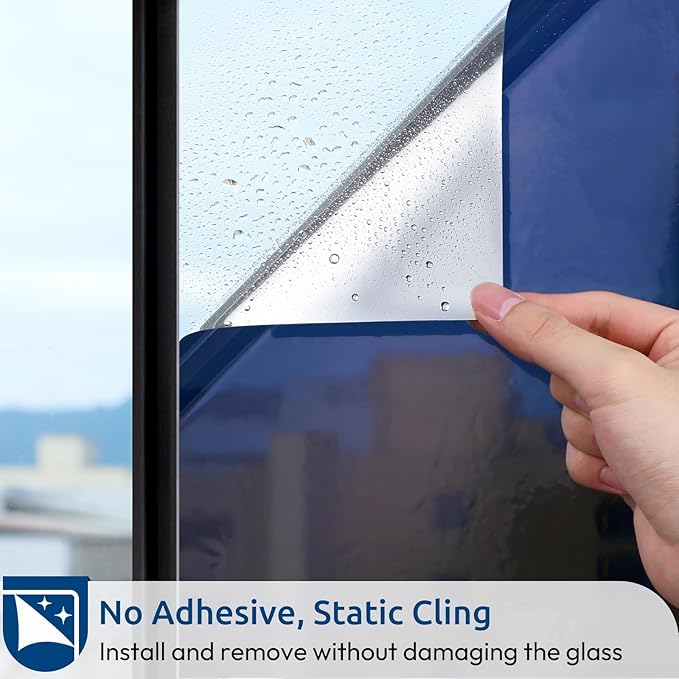 rabbitgoo Window Privacy Film One Way Window Tint for Home, Removable Reflective Heat Sun Blocking Anti UV Glass Door Covering, Mirror Tinting Film House Office, 35.4 in X 6.5 Feet, Blue Silver