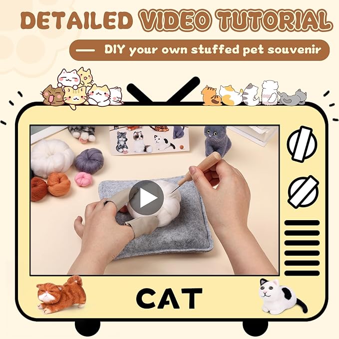 Mayboos 6 Pcs Needle Felting Kit, Animal Needle Felting Beginner Kits Wool Felt Needle Felting Tools with Instruction for DIY Craft Animal Home Decoration (Cute Cat)
