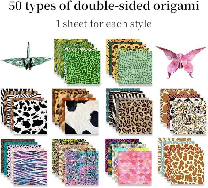 Square Origami Paper 6x6 Double Sided 50 Sheets 50 Colors 70GSM Origami Kit Japanese Chiyo Easy Fold Arts Crafts DIY Handwork Beginner Animal Fur