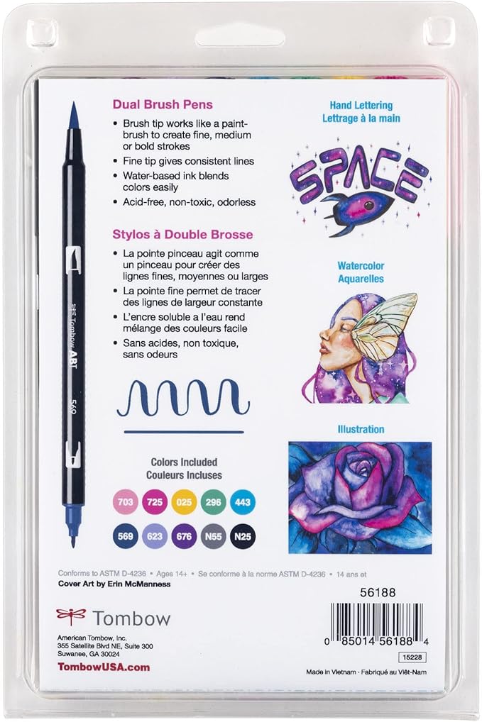 Tombow 56188 Dual Brush Pen Art Markers, Galaxy, 10-Pack. Blendable, Brush and Fine Tip Markers