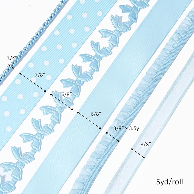 LaRibbons Light Blue Ribbons for Crafts 6 Rolls 28.5 Yards TTL Thin Ribbon for Baby Shower Sewing Gift Wrapping Home Decor