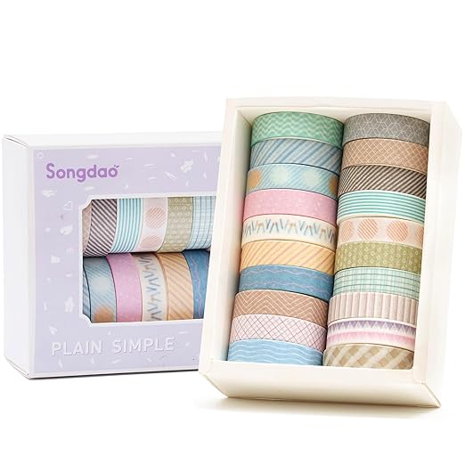 20 Rolls Basic Washi Tape Set Japanese Arts Adhesive Tapes Simple Patterns Decorative Masking Tape Sets for Craft, Kids, Scrapbook, DIY, Gift Wrapping (Style Two)