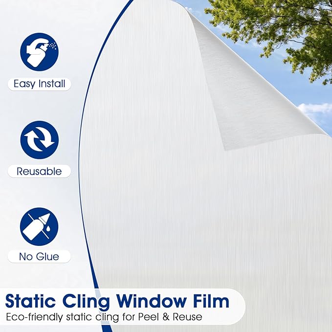 Privacy Window Film Static Cling, Frosted Glass Decorative Window Film with 96% UV Blocking, Non-Adhesive Removable Window Cling for Home Office Bathroom, 23.6 x 78.7 Inches, White