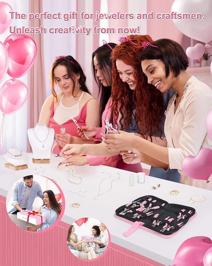 Toolour Jewelry Pliers Set Jeweler Making Tools with 6 Rolls Beading Wire Kit for Jewelry Supplies DIY Hobby Repair Crimping Wrapping,Pink Professional Craft Pliers for Adults Beginner