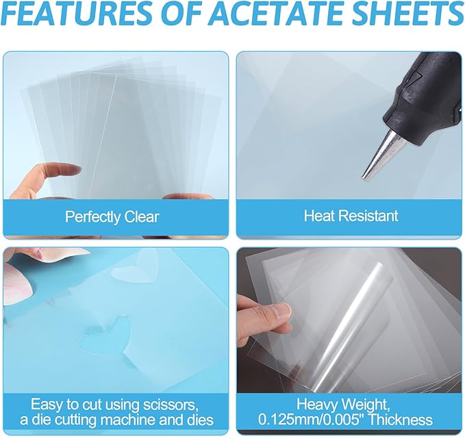 50 Pcs Heat Resistant Clear Acetate Sheets - 4.3x6.3 inch for Handmade Crafts, Transparent Plastic Sheets, BPA Free, Heat Shrink Papers, Anti-static & Easy to Cut